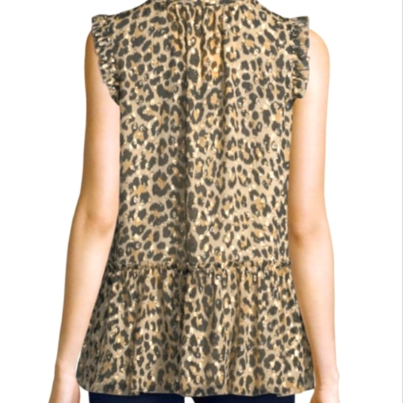 Kate Spade Silk Metallic Leopard Clip Dot Tie Peplum Ruffle Top Brown Gold - Picture 2 of 8
